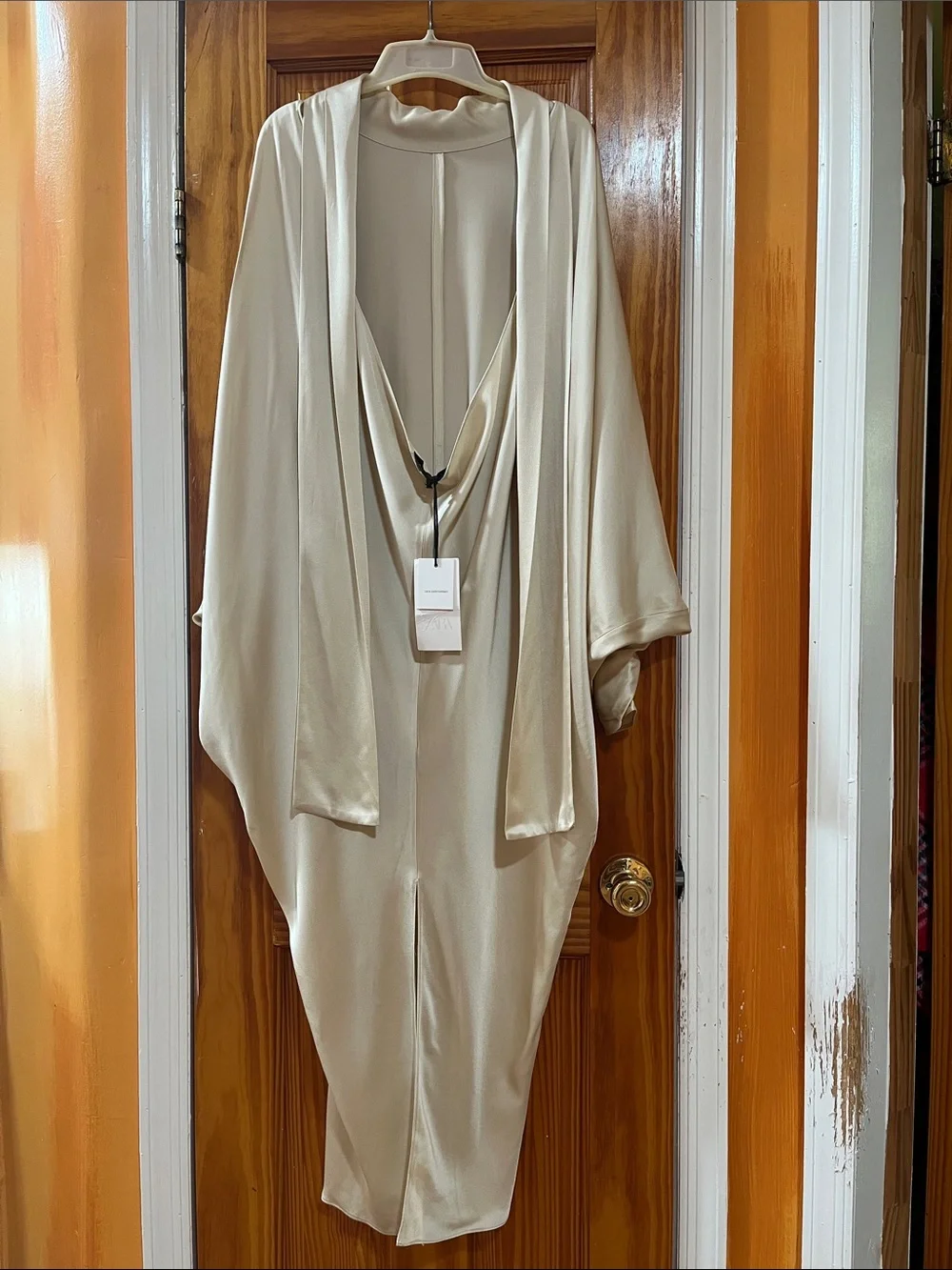 NWT Satin Beige Draped Open Back Dress Lagenlook Formal Shawl Gown Tie Neck M